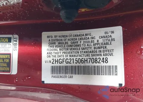 2006 Honda Civic Si from USA, damaged, VIN 2HGFG21506H708248